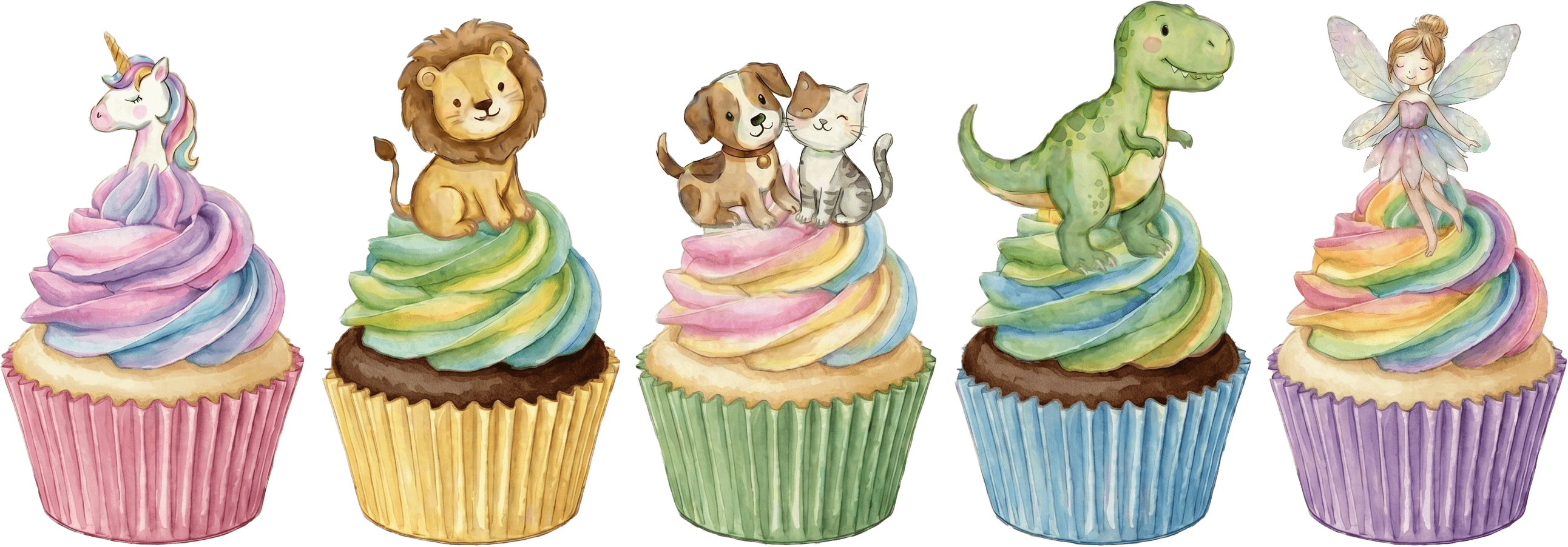 Five beautifully decorated watercolor cupcakes